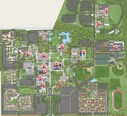 Map of SSU campus with AED locations