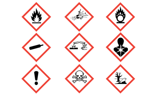 Examples of global harmonized system pictograms for hazardous materials.